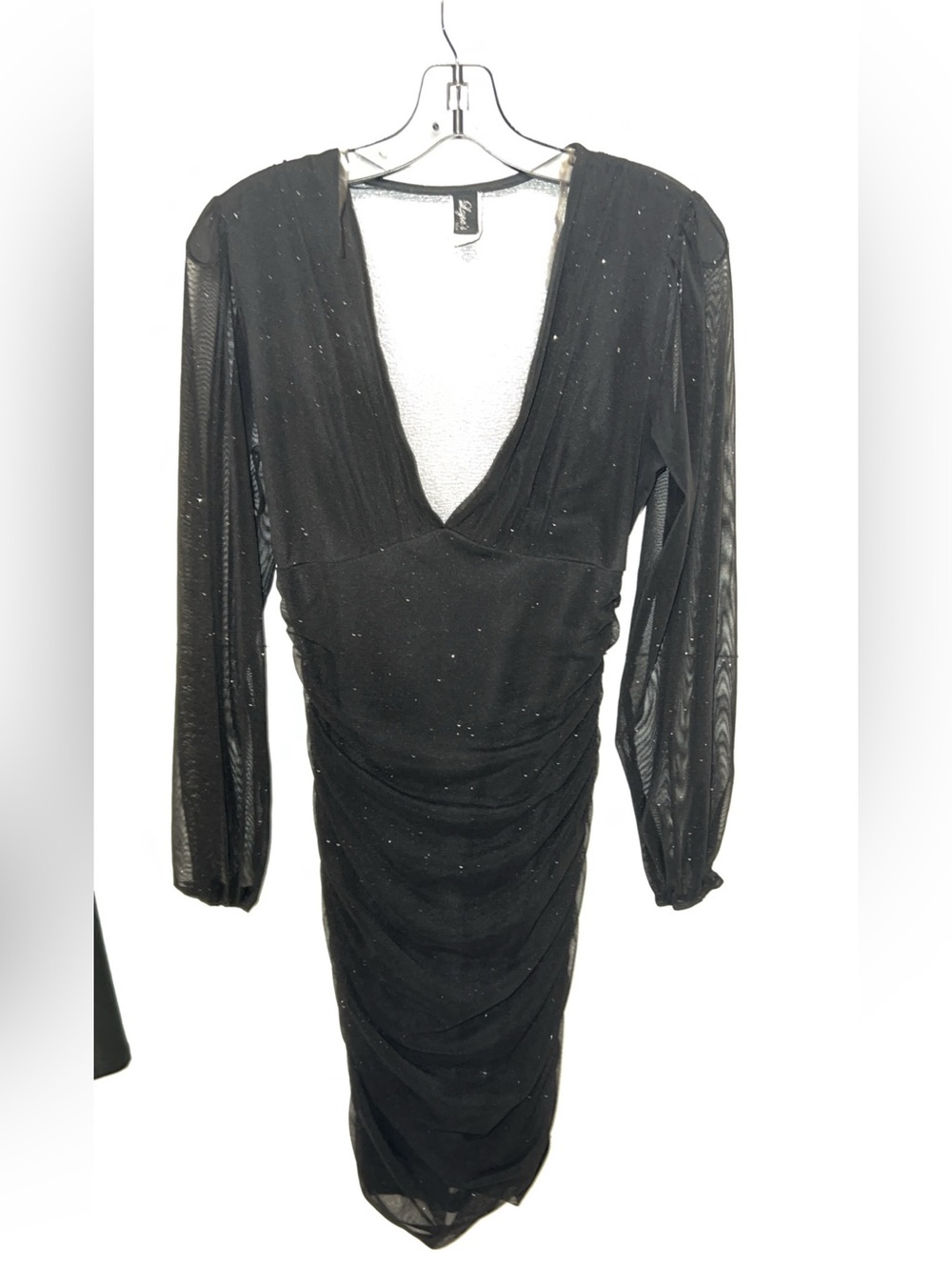 Black Sparkle Mesh Long-Sleeve V-Neck Dress